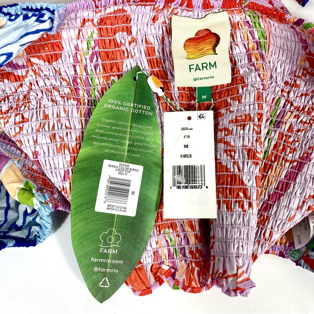 Farm Rio Mixed Print Smocked Cotton Crop Top Puff Sleeve Medium NWT - Picture 8 of 12